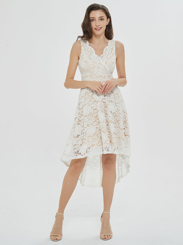 Love Swept White Sleeveless Lace High-Low Midi Dress